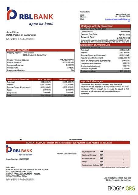 Modèle Word et PDF de relevé hypothécaire de la RBL Bank en Inde